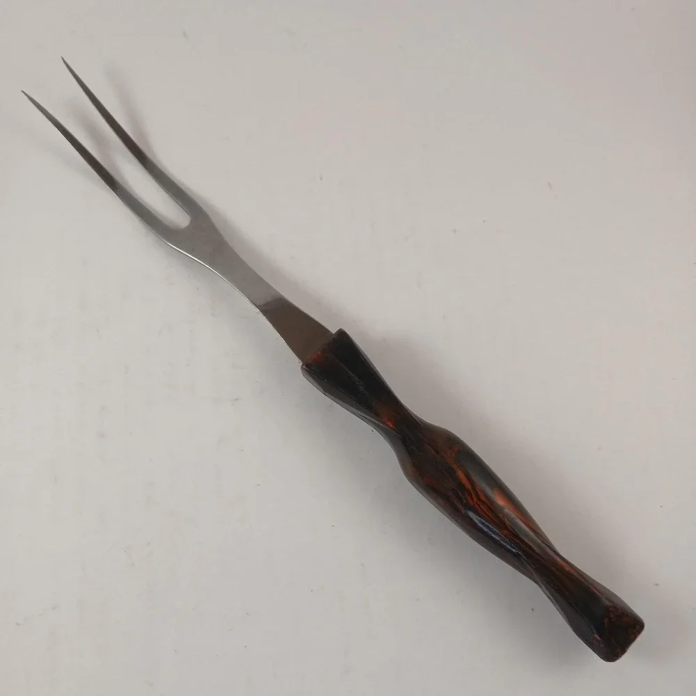 CUTCO Carving Meat Fork Two Tines Orange Brown Swirl Plastic Handle Vintage